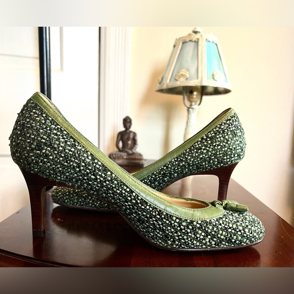 LOFT Green Tweed Mid-Heel Pumps with Bow